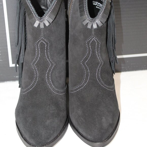 NWB Lucchese Sofia Fringe Heled Bootie Boots Western Cowboy Black Zip Suede - Picture 3 of 8